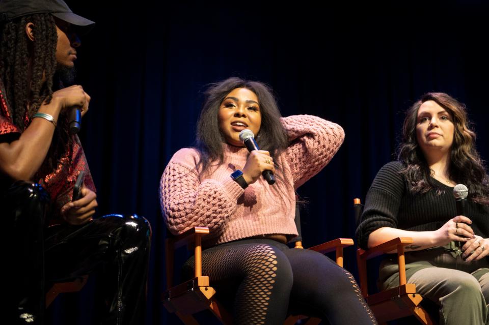 Multimedia artist Teaira Gray gives advice to young artists on the visual arts panel during the Art Bash event at W.K. Kellogg Auditorium on Thursday, March 21, 2024.