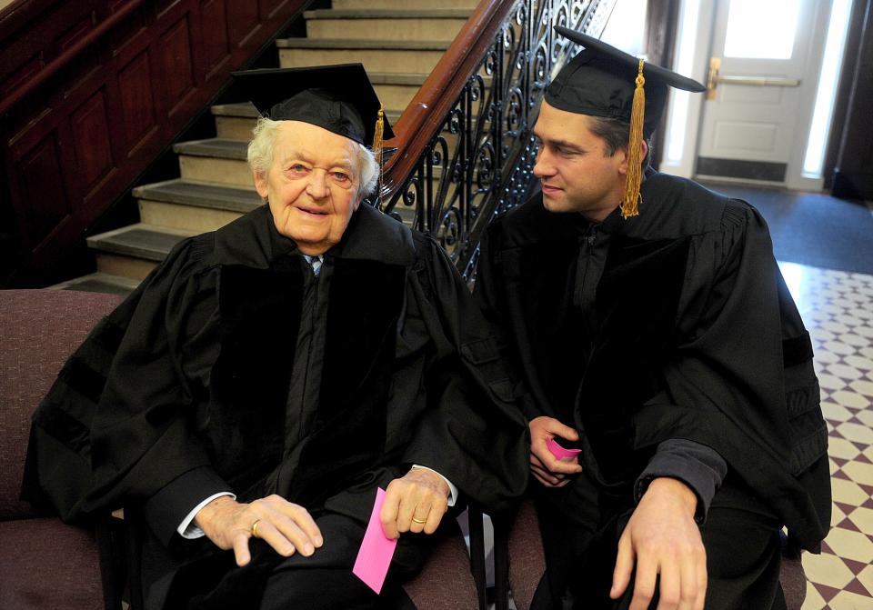 Hal Holbrook, left, and True/False co-founder David Wilson visit as they wait to be called to receive an honorary degree from the University of Missouri in December 2015.