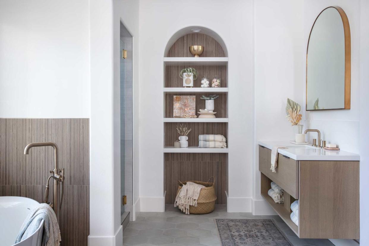  A modern bathroom with ample storage. 