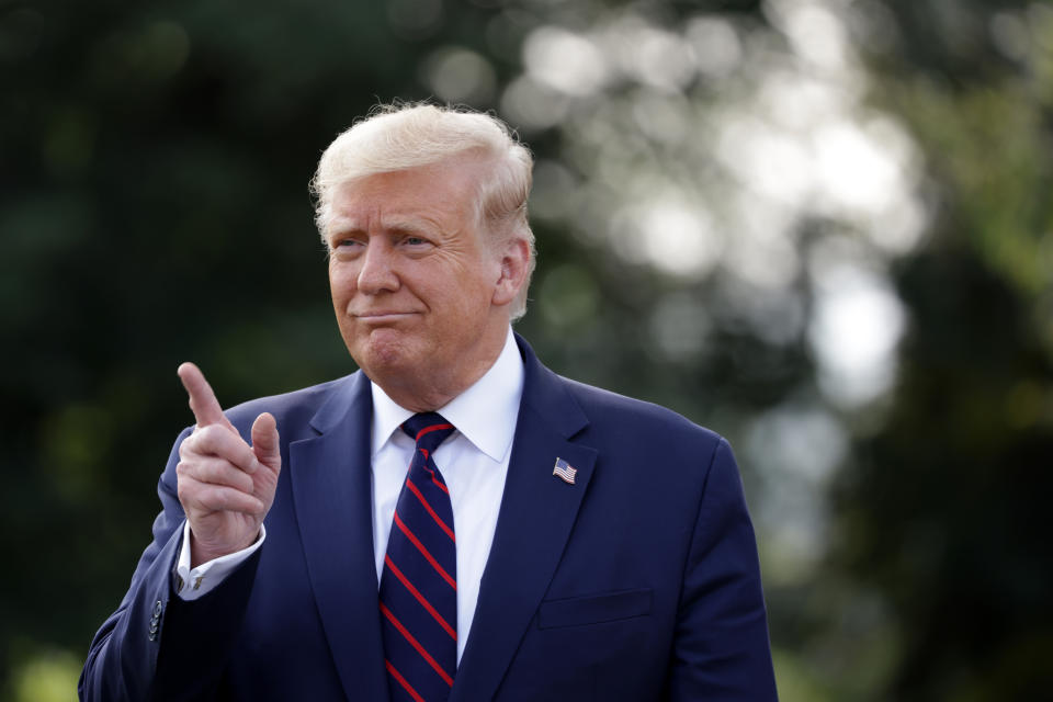 WASHINGTON, DC - SEPTEMBER 15:  U.S. President Donald Trump speaks to members of the press prior to his departure from the White House on September 15, 2020 in Washington, DC. President Trump was traveling to Philadelphia to participate in an ABC News town hall event.  (Photo by Alex Wong/Getty Images)