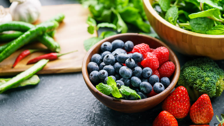 bowls of fruits and vegetables