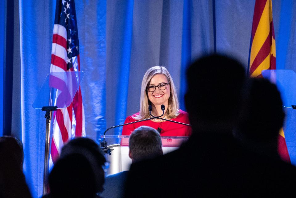 Phoenix Mayor Kate Gallego speaks during the State of the City address at the Sheraton Downtown Phoenix hotel in Phoenix on April 12, 2023.