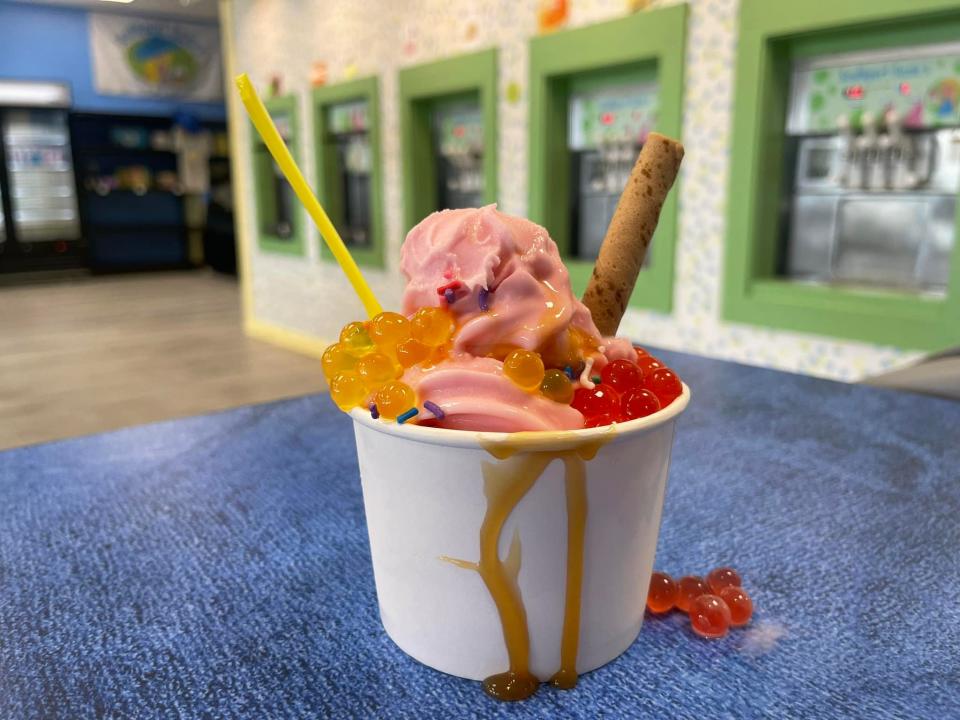 A frozen yogurt with strawberry and mango boba at Southport Suzie's at 4956 Old Long Beach Road in Southport, N.C.