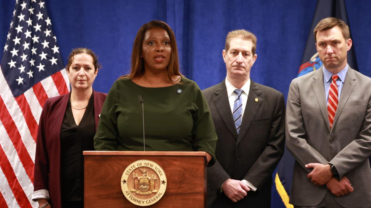 New York Attorney General Letitia James speaks during a press conference Wednesday in Manhattan. 