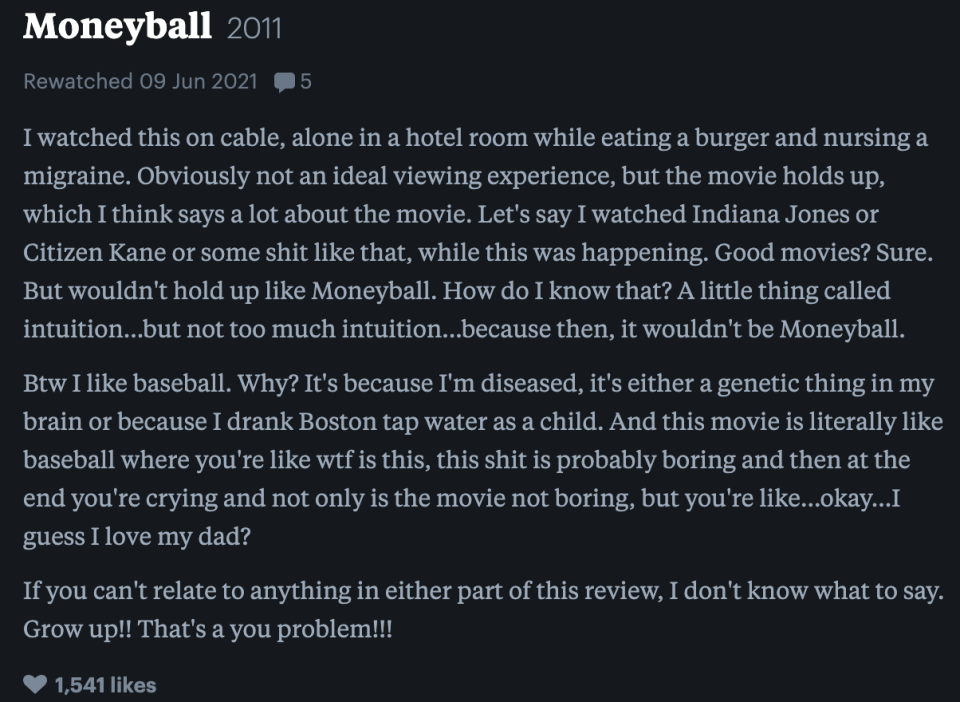 moneyball is good because of Ayo's intuition. she likes baseball because she is diseased and it's either genetic or because she drank boston tap water.