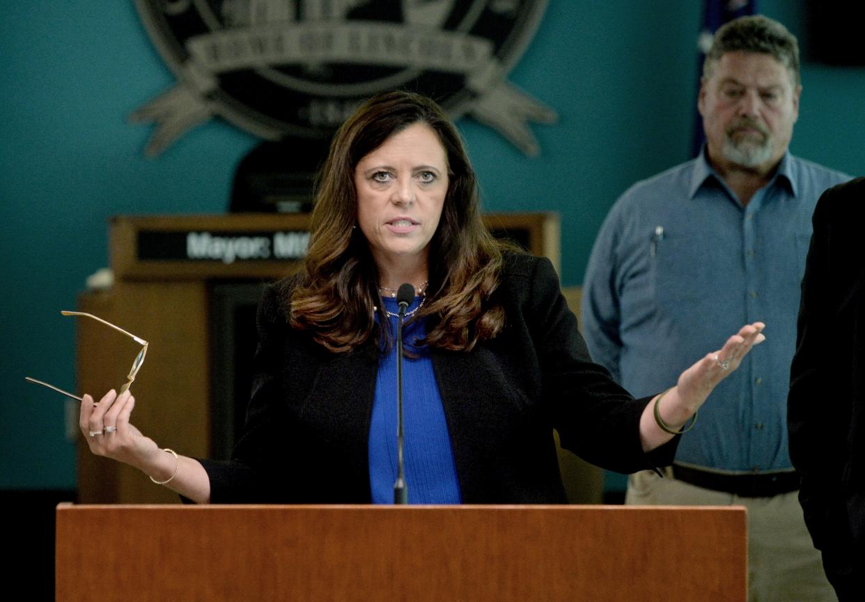 Springfield Mayor Misty Buscher speaks during a press conference on storm recovery at City Hall Monday, July 3, 2023.