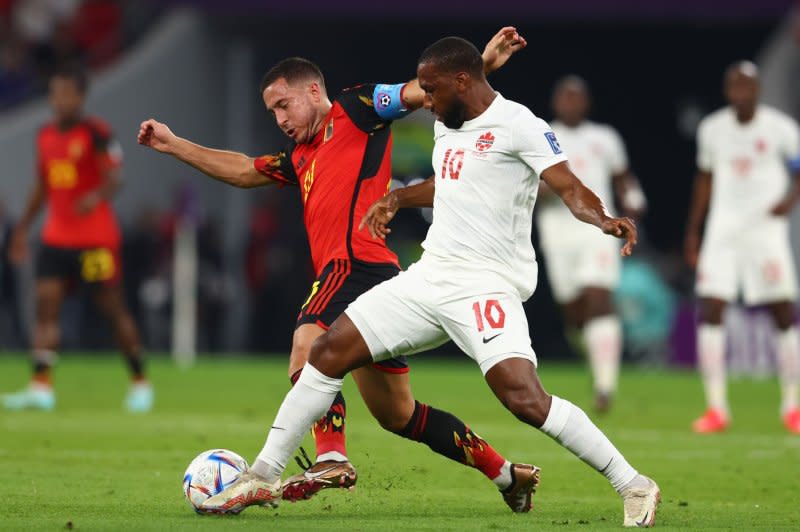 Belgium forward/midfielder Eden Hazard (L) thanked the Belgian Football Association in his retirement message Tuesday on Instagram. File Photo by Chris Brunskill/UPI