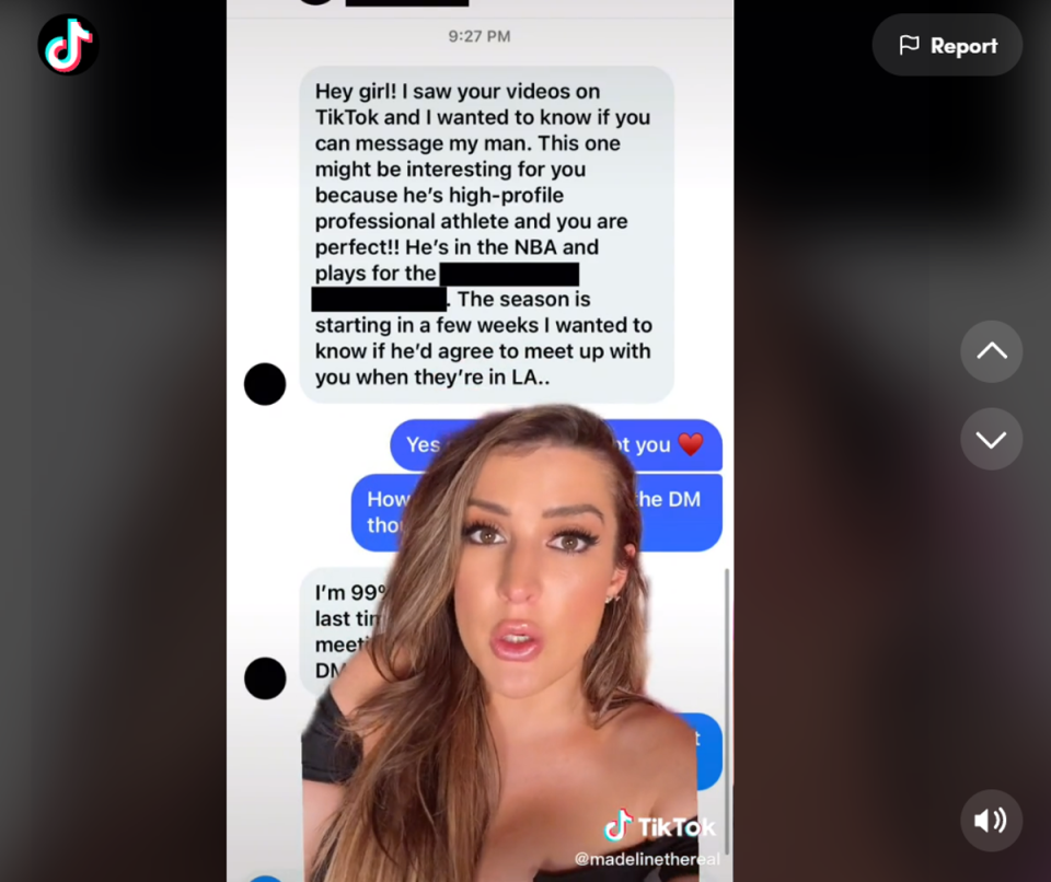 Tiktok user madelinethereal claims to have caught an unidentified professional basketball player attempting to cheat on his girlfriend, according to a video she shared to her profile (Tiktok/madelinethereal)