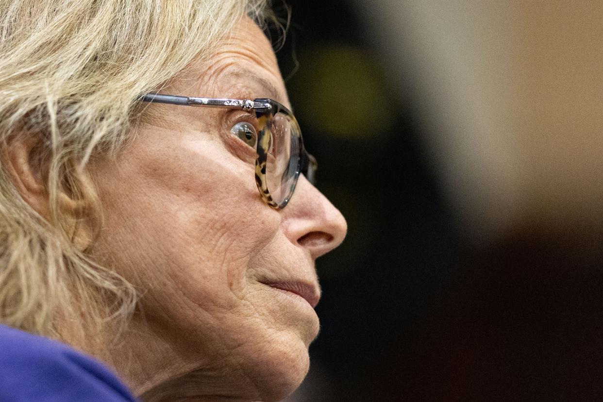 Donna Adelson reacts to statements made about her treatment at the Leon County Jail by LSCO Chief Norman Mack during a motion hearing on Monday, Dec. 11, 2023.