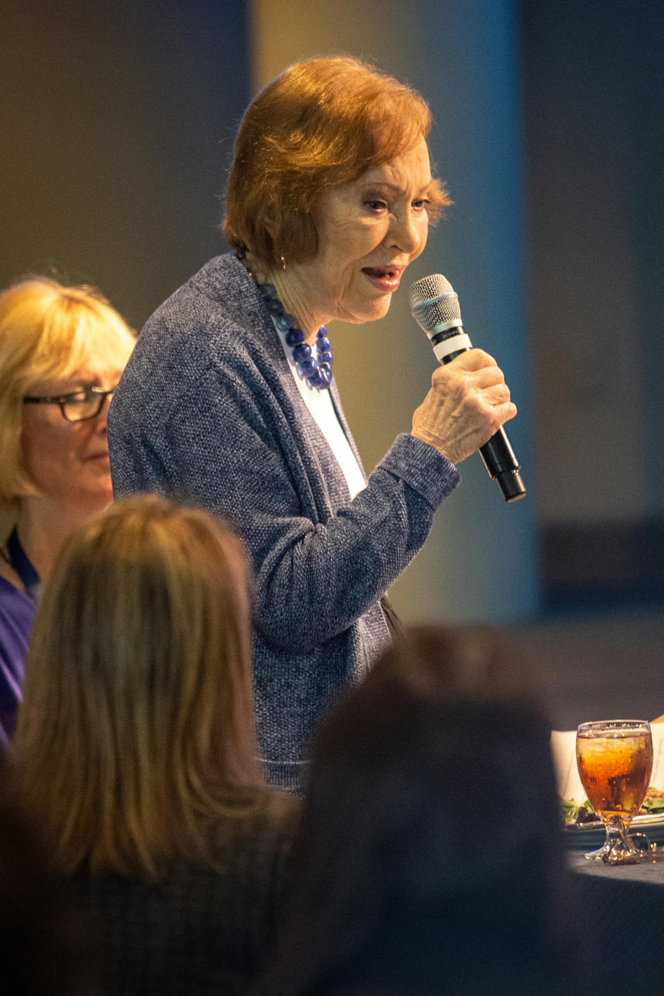 The former first lady Rosalynn Carter speaks to the audience at news conference at The Carter Center, Tuesday, Nov. 5, 2019, in Atlanta. Carter enjoyed a light lunch in the audience as a panel discussion led by Judy Woodruff, anchor of PBS NewsHour, took center stage. The former First Lady made remarks about her upbringing as a caregiver and the health of her husband, former President Jimmy Carter. (AP Photo/ Ron Harris)