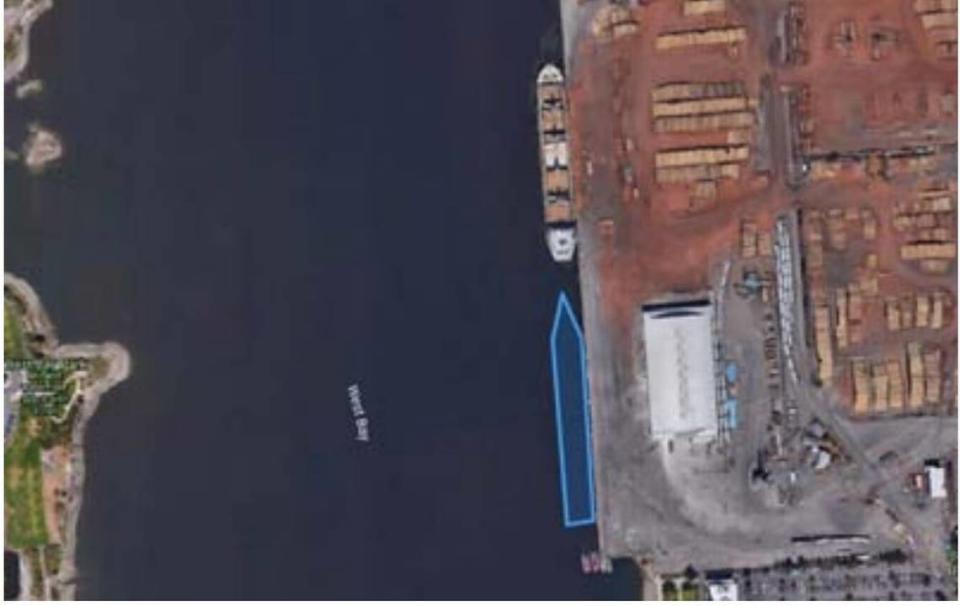 The map shows just how much space the ship would require along the Port of Olympia’s marine terminal.