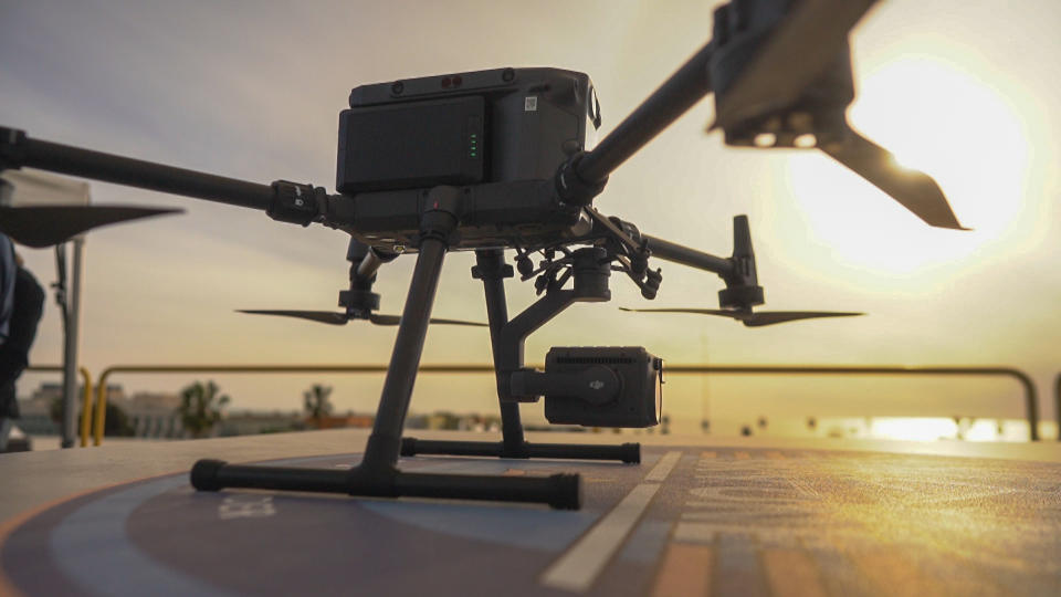 A drone prepares to off from the roof of the Santa Monica police station. (Ray Farmer / NBC News)