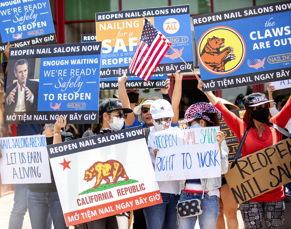 Vietnamese manicurists gather in Westminster, Calif., on June 8, 2020 to call on the state to allow nail salons to reopen. (Lynn Seeden)