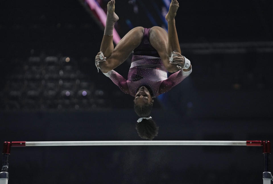 Shilese Jones of the U.S. competes in the uneven bars finals during the Artistic Gymnastics World Championships at M&S Bank Arena in Liverpool, England, Saturday, Nov. 5, 2022. (AP Photo/Thanassis Stavrakis)