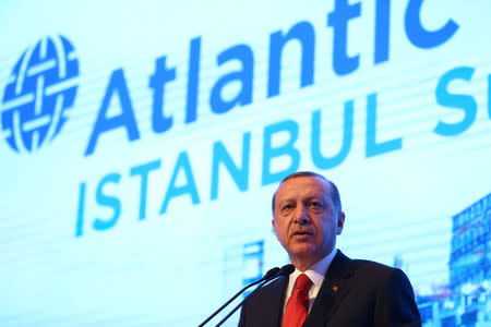 Turkish President Tayyip Erdogan makes a speech during the Atlantic Council Istanbul Summit in Istanbul, Turkey, April 28, 2017. Kayhan Ozer/Presidential Palace/Handout via REUTERS