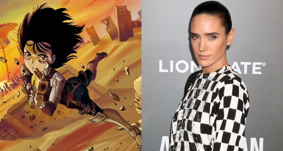 Art from the Alita: Battle Angel manga and Jennifer Connelly at a recent premiere. (Credit: Shueisha / WENN)