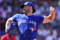 Toronto Blue Jays starting pitcher Robbie Ray delivers during the fourth inning of a baseball game against the Boston Red Sox at Fenway Park, Wednesday, July 28, 2021, in Boston. (AP Photo/Charles Krupa)