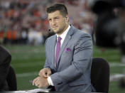 Tim Tebow on ESPN before the NCAA BCS National Championship college football game between Auburn and Florida State in Pasadena, Calif. Tebow will be a special guest on ABC's "Good Morning America" on Friday, Jan. 31. (AP Photo/David J. Phillip)