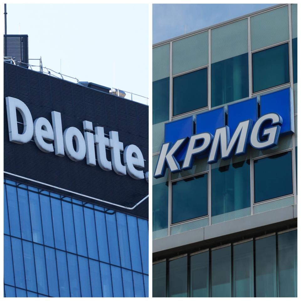 photo collage of the buildings signs of Deloitte and KPMG