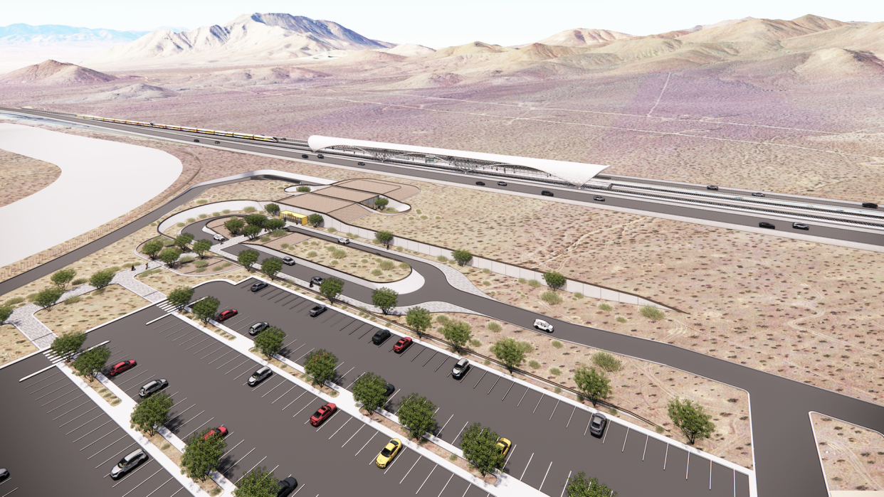 Artist rendering of the Victor Valley Brightline West high-speed rail train station in Apple Valley.
