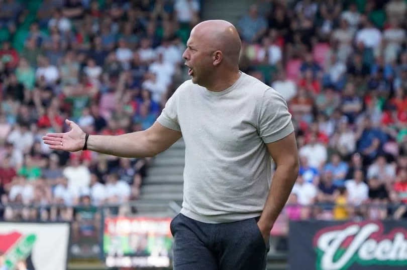 Arne Slot gestures on the touchline during Feyenoord's clash with NEC Nijmegen