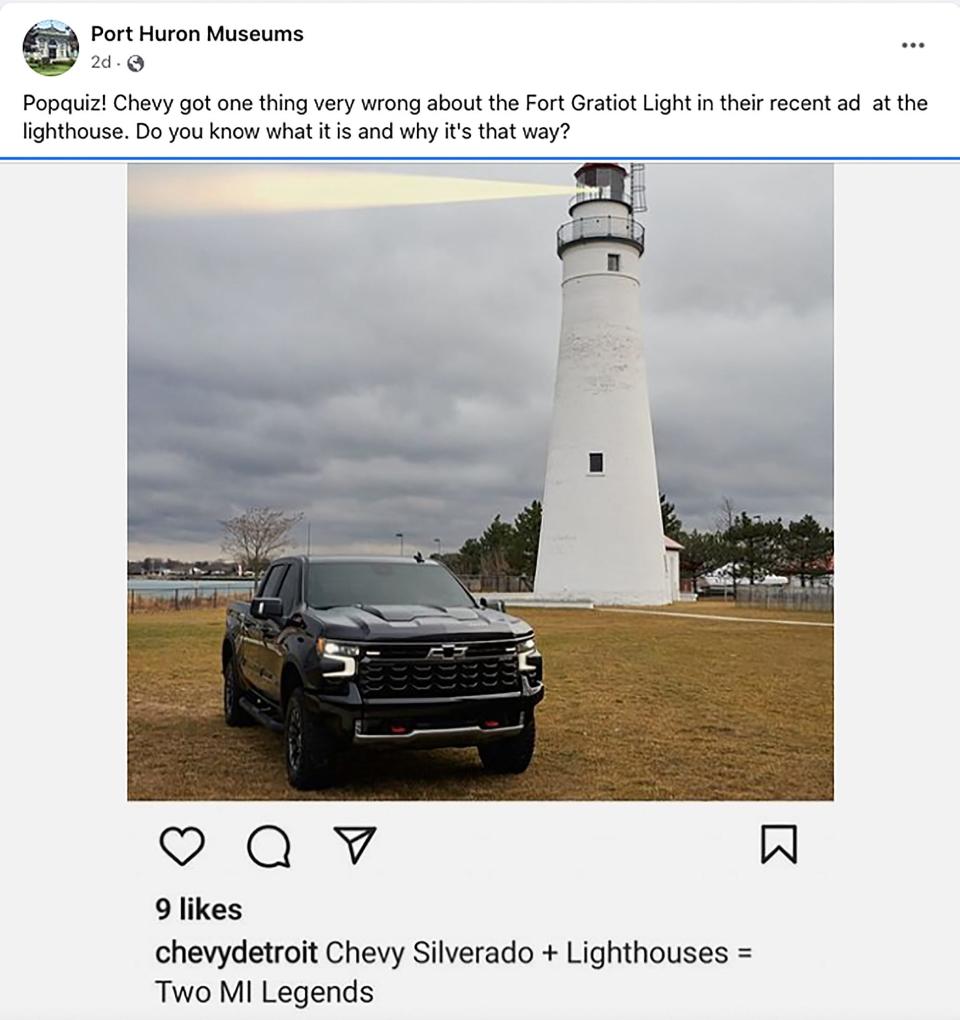 This screen capture from the Port Huron Museum's Facebook page shows a photo of the Silverado social media post was posted with the question: "Chevy got one thing very wrong about the Fort Gratiot Light in their recent ad at the lighthouse. Do you know what it is and why it's that way?" The comments to the post point out yellow light shooting from the lighthouse in the photo is the wrong color.