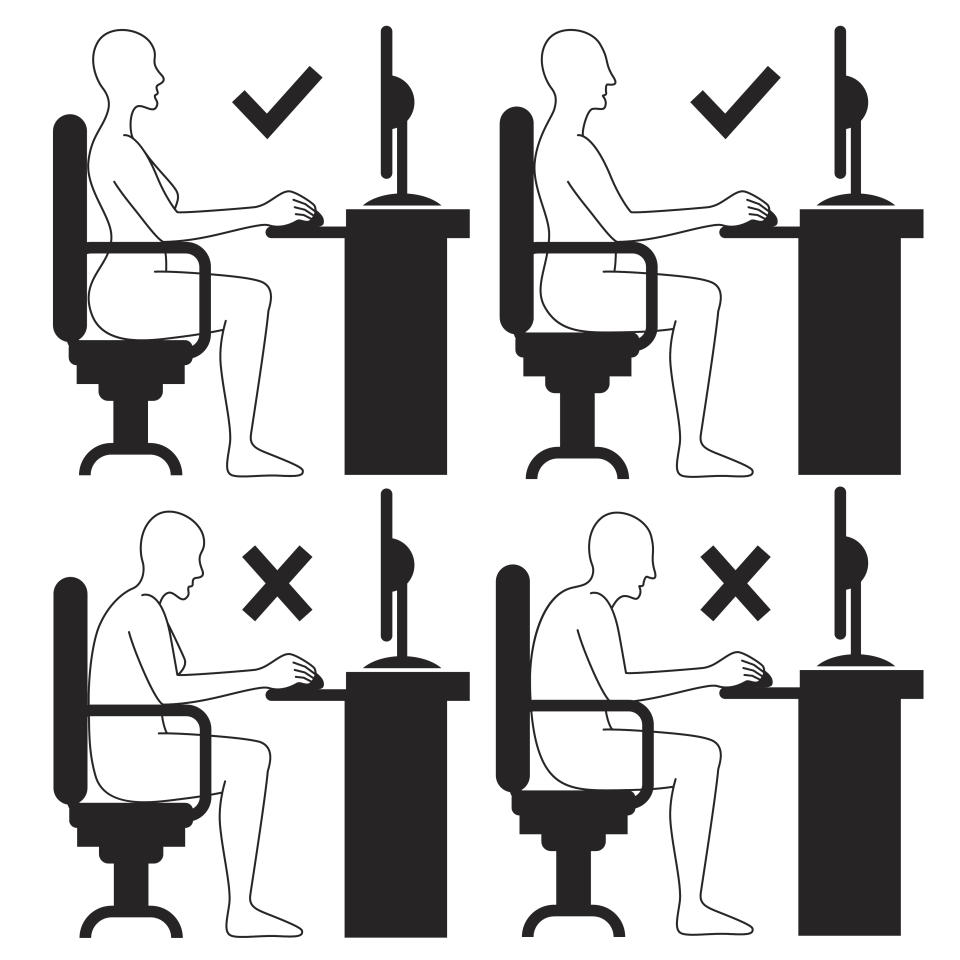 Vector illustration of Correct and incorrect sitting posture at computer.