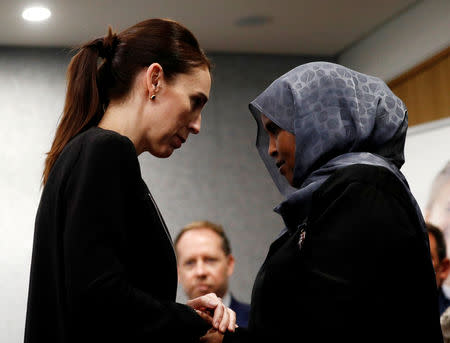 New Zealand's Prime Minister Jacinda Ardern meets with one of the first responders who was at the scene of the Christchurch mosque shooting, in Christchurch, New Zealand March 20, 2019. REUTERS/Edgar Su