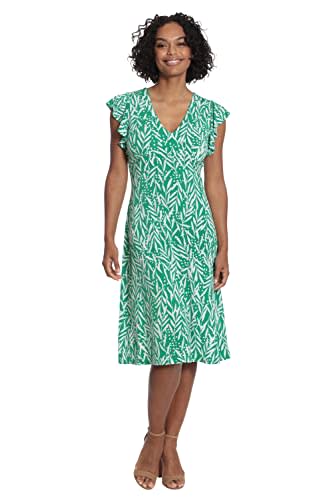 London Times Women's Leaf Print V-Neck Ruffle Sleeve Dress, Green/Soft White, 6