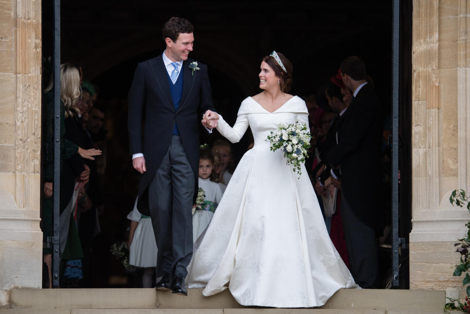 Princess Eugenie or York married Jack Brooksbank in a full-skirted gown by British-born designer Peter Pilotto in October 2018. (Getty Images)