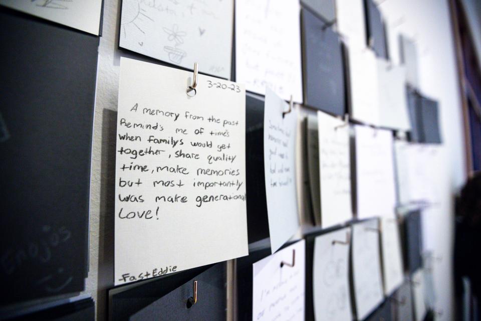 Visitors' comments written on note cards are displayed April 12 in the exhibit "Cynthia Daignault: Oklahoma" at the Oklahoma City Museum of Art.