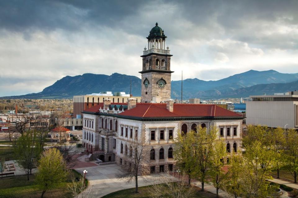 Aerial view to Pioneers Museum in Colorado Springs, Colorado via Getty Images