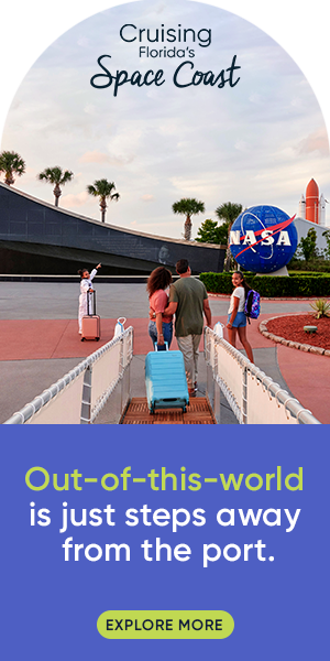 This promotional ad for Space Coast tourism encourages Port Canaveral cruise passengers to stay on the Space Coast before or after their cruises to visit the Kennedy Space Center Visitor Complex.