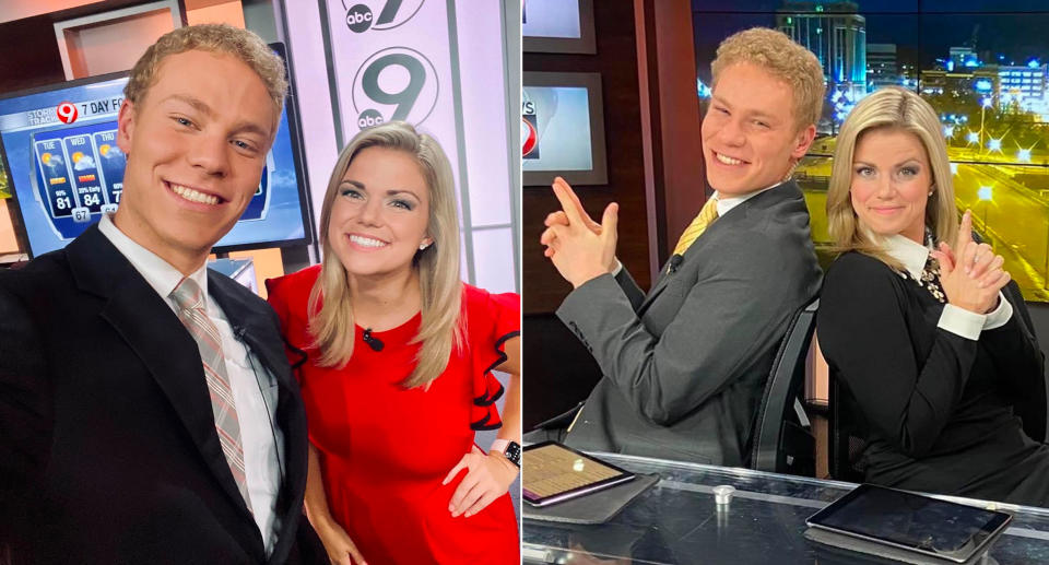  Brendan Mackey and Neena Pacholke pose behind the desk of their morning show job.