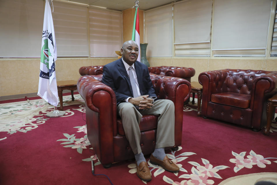 In this Sunday, Jan. 28, 2020 photo, Ibrahim Elbadawi, Sudan's interim minister of finance, speaks in an interview in Khartoum, Sudan. Sudan is moving forward with an ambitious economic plan that will slash subsidies and replace them with direct cash payments to the poor, Elbadawi said. (AP Photo)