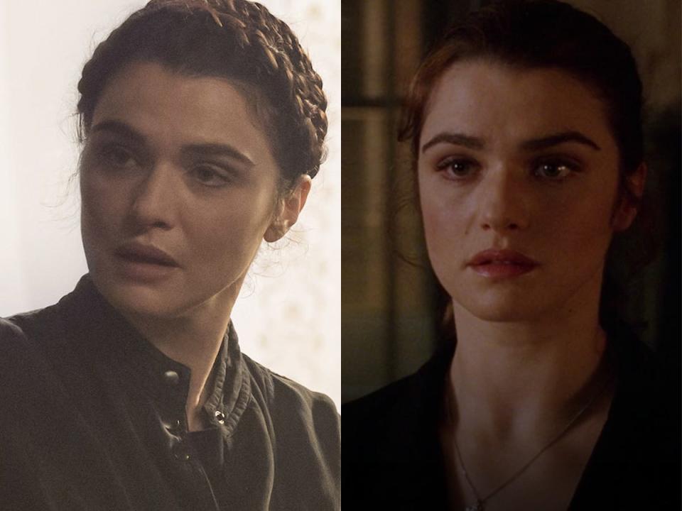 On the left: Rachel Weisz as Melina in "Black Widow." On the right: Weisz in "Constantine."