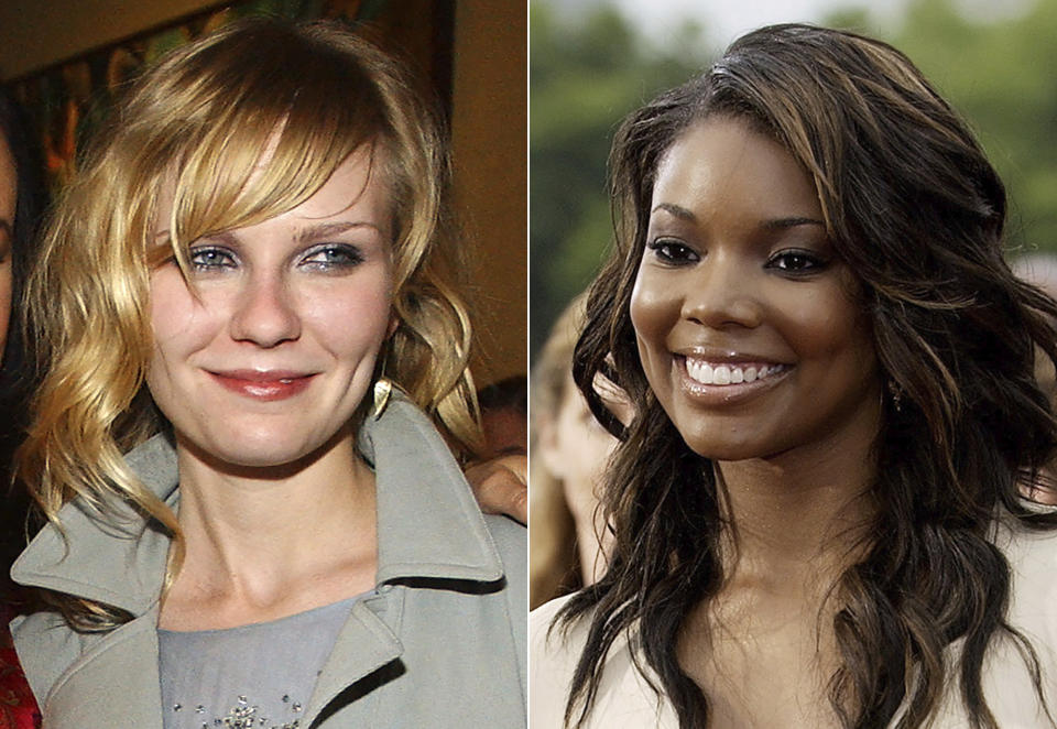 In this combination photo, Kirsten Dunst appears at the screening of her film "The Cat's Meow" in Los Angeles, on April 10, 2002, left, and Gabrielle Union arrives at a screening for her film "Bad Boys II," in Los Angeles on July 9, 2003. Dunst and Union starred in the 2000 teen cheerleading comedy "Bring It On." The $10 million pic about the Rancho Carne Toros and the East Compton Clovers skyrocketed to No. 1 for two weeks. (AP Photos/Lucy Nicholson, left, and Kevork Djansezian)