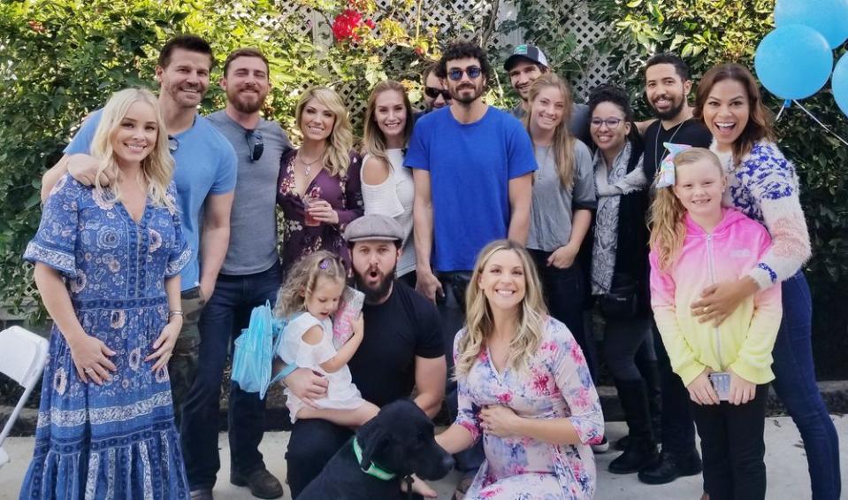 AJ Buckley and family with the cast of SEAL Team