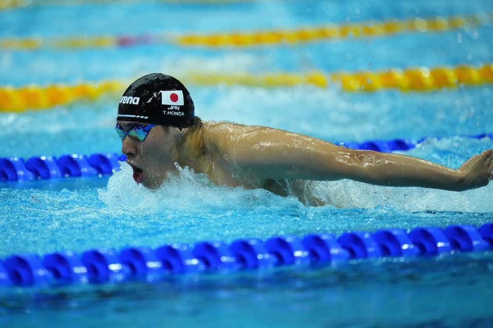 Tomoru Honda of Japan competes during the men's 400m medley final at the 19th FINA World Championships in Budapest, Hungary, Saturday, June 18, 2022. (AP Photo/Petr David Josek)