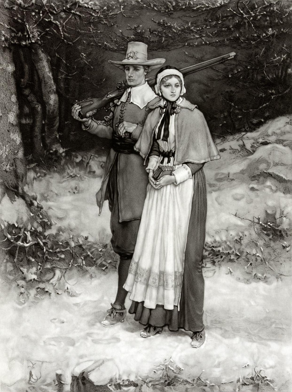 Vintage image shows a Puritan husband and wife walking through snow on their way to church. He carries a rifle and she a prayer book or bible.