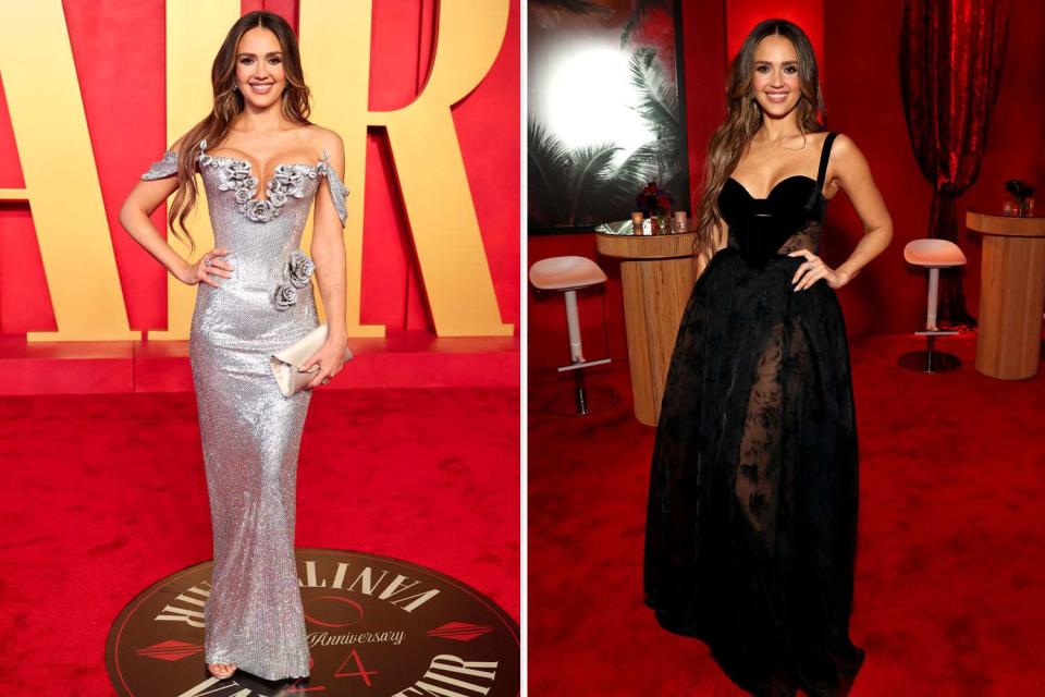 <p>Christopher Polk/Variety via Getty, Kevin Mazur/VF24/WireImage</p> Jessica Alba pulls off impressive quick-change at the 2024 Vanity Fair Oscars afterparty