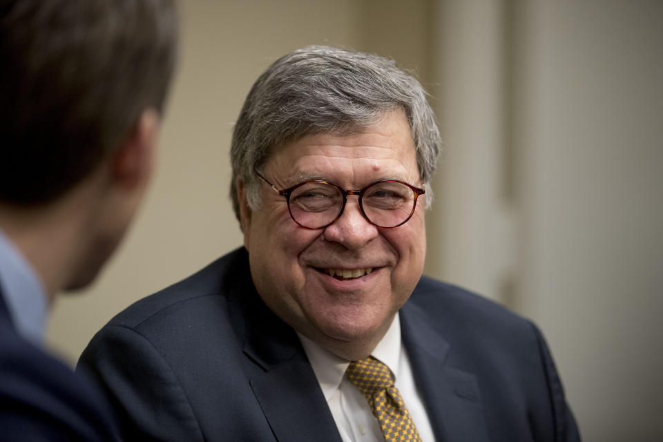 Attorney General nominee Bill Barr, right, meets with Sen. Josh Hawley, R-Miss., a member of the Senate Judiciary Committee, in Hawley's office, Tuesday, Jan. 29, 2019, in Washington. (AP Photo/Andrew Harnik)