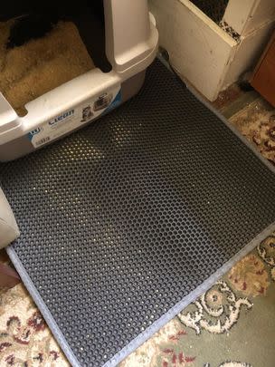 A double-layered litter mat with a unique honeycomb design that traps litter so it won't be tracked out of the box