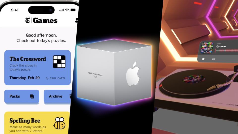 3 split image featuring NYT Games app screenshot, Apple Design Award cube, djay pro screenshot