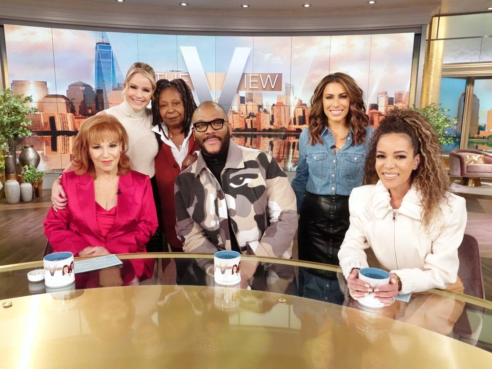 From left: Joy Behar, Sara Haines, Whoopi Goldberg, Tyler Perry, Alyssa Farah Griffin and Sunny Hostin on set of ABC's "The View."