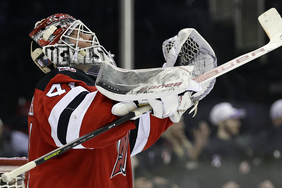 New Jersey Devils goaltender Vitek Vanecek reacts at the end of the third period of an NHL hockey game against the Edmonton Oilers on Monday, Nov. 21, 2022, in Newark, N.J. (AP Photo/Adam Hunger)