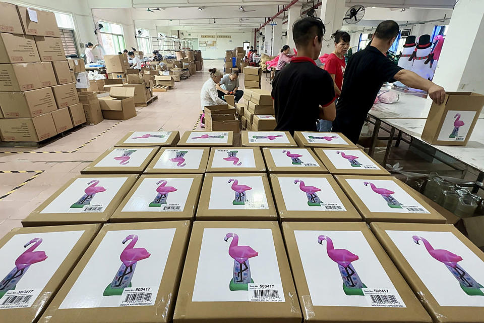 Boxes of holiday decorations at Chinese factory in Shenzhen. September 12, 2024. (CNBC)