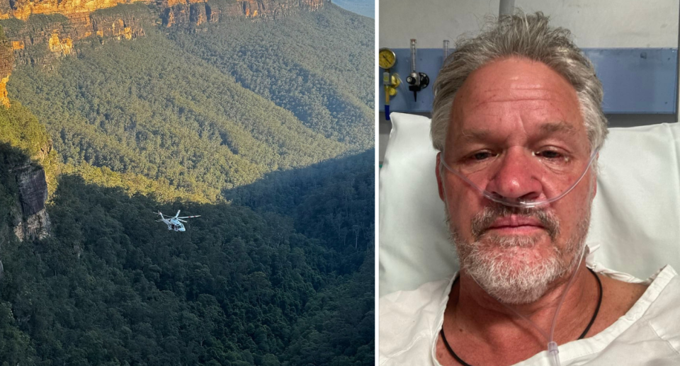 Left is an image of a Toll Ambulance helicopter flying over Australian terrain. Right image of Andy in hospital.