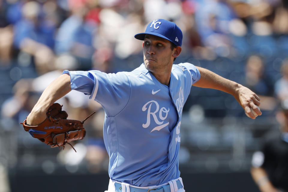 Kansas City Royals pitcher Daniel Lynch delivers to a Colorado Rockies batter during the first inning of a baseball game in Kansas City, Mo., Saturday, June 3, 2023. (AP Photo/Colin E. Braley)