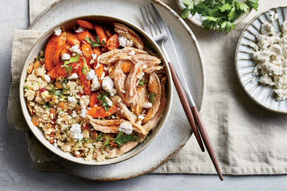 Couscous Pilaf with Roasted Carrots, Chicken, and Feta